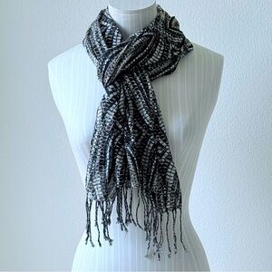 J Jill Abstract Print Scarf/Wrap w/Eye Lash Fringe Ends-Black/Brown/Cream 70x20